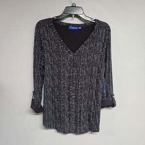 Apt. 9 Black Blue White V-Neck Blouse Women's Medium 3/4 Long Sleeve Shirt